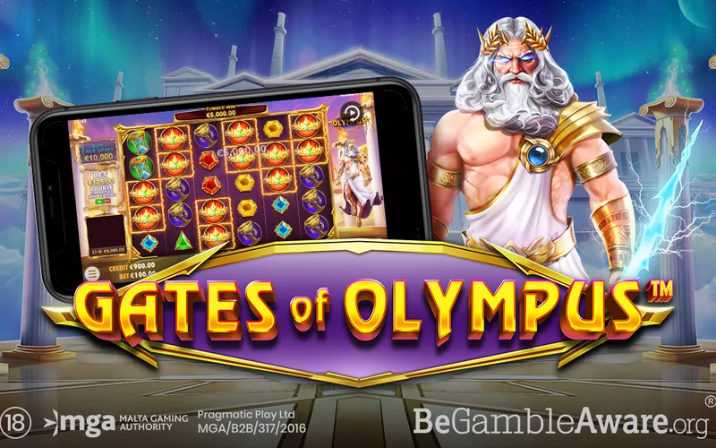 Capa oficial do jogo Gates of Olympus com Zeus e o título